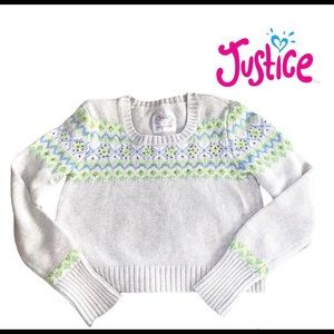 Justice fair isle cropped sweater size 14 gray green blue silver sequins